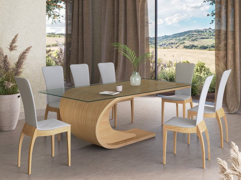 Crest dining table with glass top, Oak Natural, Seats 8