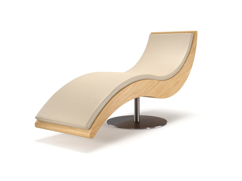 A modern chair with a curved wooden frame and cream-colored leather upholstery on a white background.
