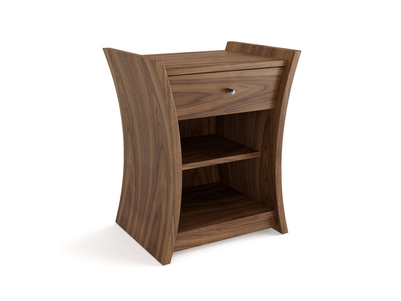 Brown wooden nightstand with one drawer and two shelves
