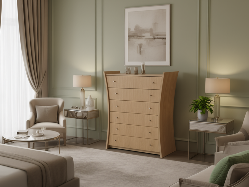 a tall, light-colored wooden dresser with seven drawers