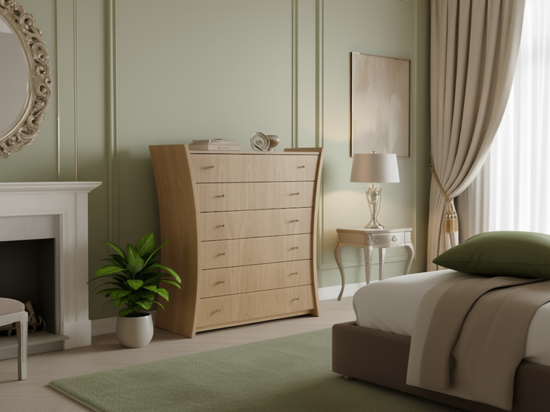 a tall, light-colored wooden dresser with seven drawers next to a bed