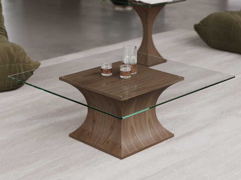 Estelle coffee table with Square glass 100cm x 100cm, Walnut Natural