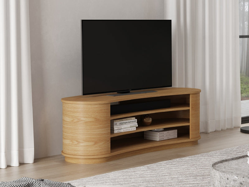 a wooden TV stand with a black TV on top of it