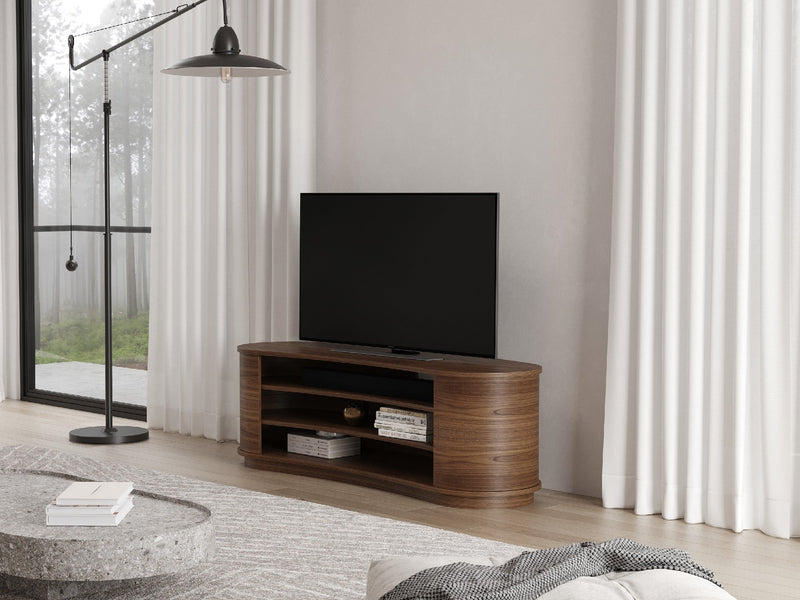 Radius media unit, Walnut Natural, shown with 55” TV