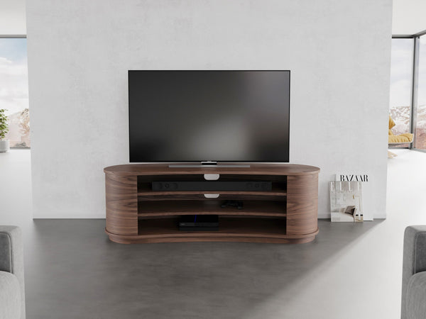 Radius media unit, Walnut Natural, shown with 55” TV