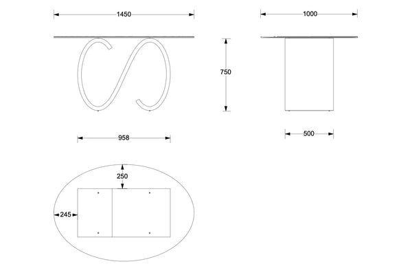 SWC00500 Swirl dining table 07 oval glass top 145 x 100cm (SC base 40cm wide)