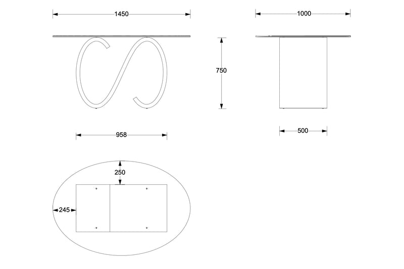 SWC00500 Swirl dining table 07 oval glass top 145 x 100cm (SC base 40cm wide)