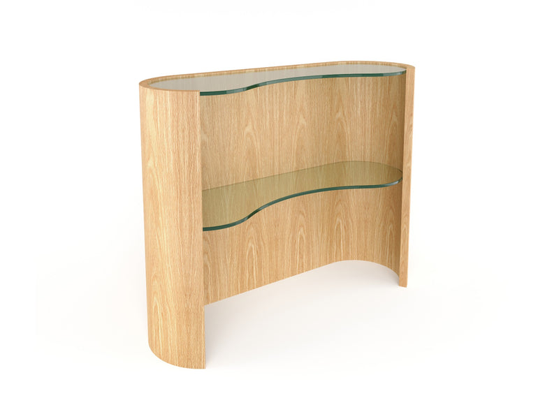 a light wood console table with glass shelves