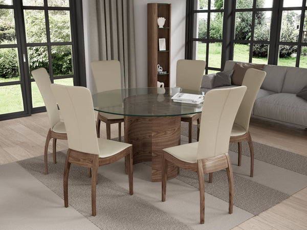Saturn dining Table, 110cm Glass, Walnut Natural.