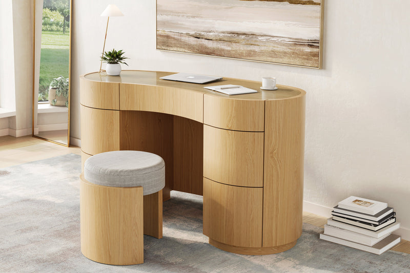 Orbit Stool and Swirl Desk/Dressing Table, Oak Natural
