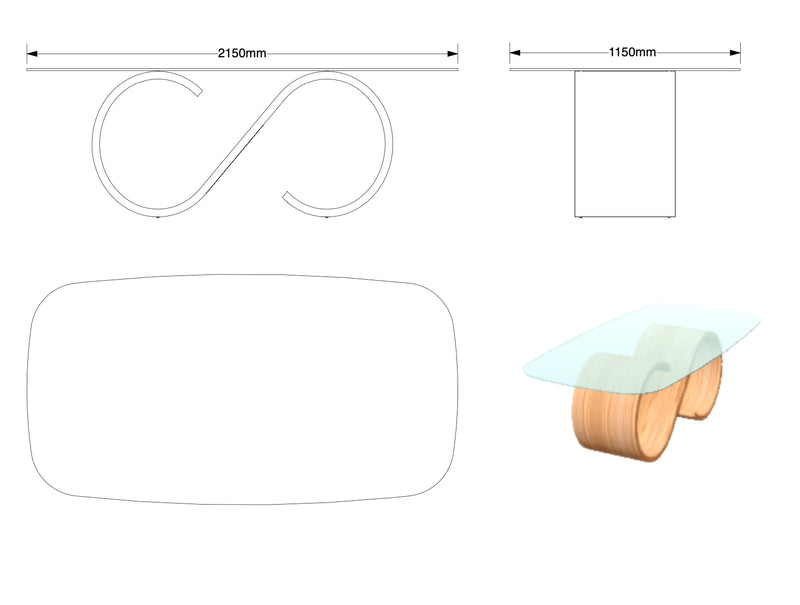 Quote - TS2089  Swirl dining table MEDIUM special Glass Bespoke shape, 2100mm x 1100mm  (LC base 50cm wide)