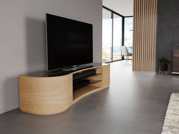 Undulate media unit, Oak Natural, shown with 65" TV