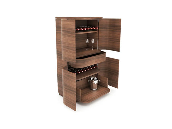 Quote - TS2124  Bespoke Drinks Cabinet, Walnut Natural, 80 x 45 x 145cm High. 2 side by side central drawers. Pull-out drawer at the base. Integrated wine storage shelves.