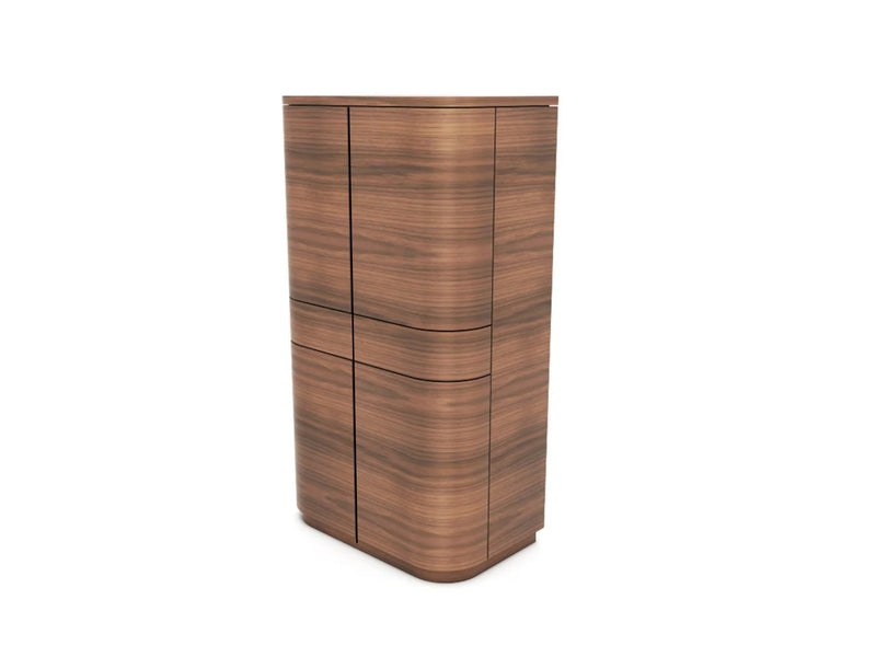 Quote - TS2124  Bespoke Drinks Cabinet, Walnut Natural, 80 x 45 x 145cm High. 2 side by side central drawers. Pull-out drawer at the base. Integrated wine storage shelves.