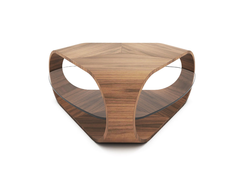 A wooden coffee table with a glass shelf