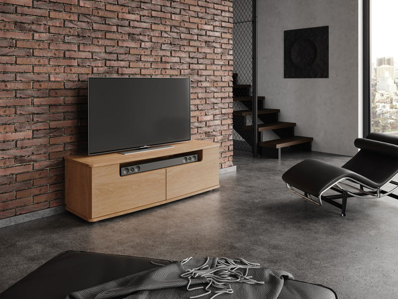 Curve Media Cabinet, Soundbar Management, Oak Natural, shown with 55" TV