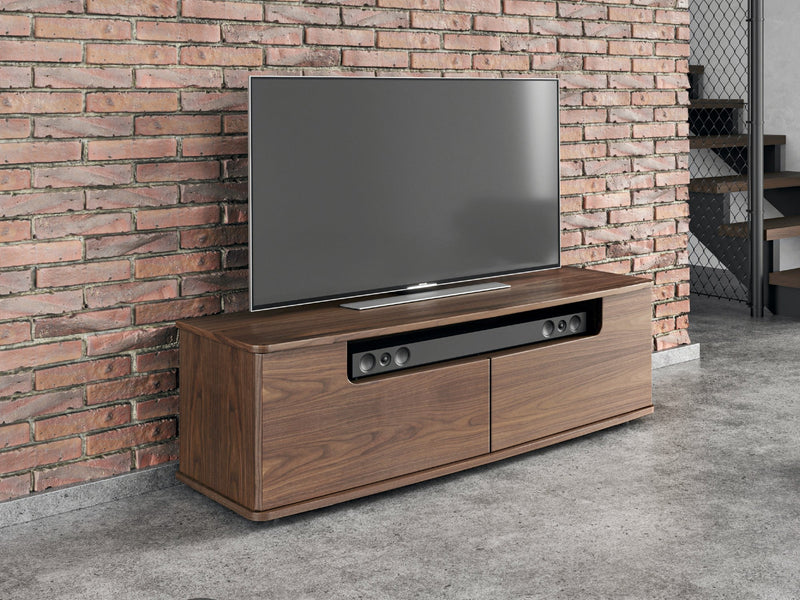 Curve Media Cabinet, Soundbar Management, Walnut Natural, shown with 55" TV
