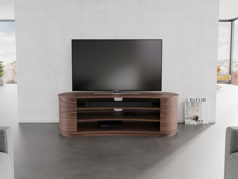 a wooden TV stand with a black TV on top of it