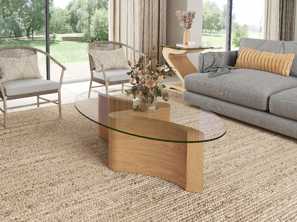 Oak and glass round sales coffee table