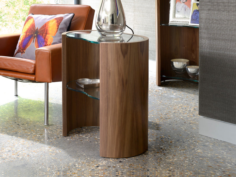 a wooden side table with a glass top and shelf